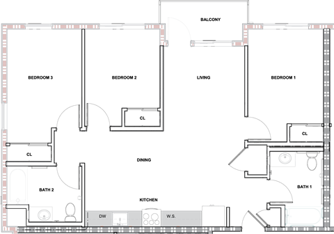 Floor plan for 3 beds, 2 baths, 1146 sqft